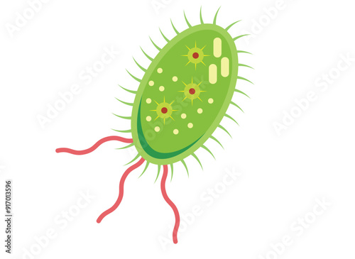 green bacterium with three red flagella