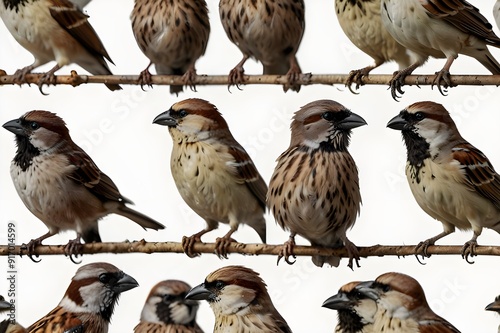 house sparrow bird collection, portrait, flying and standing, isolated on a white background photo