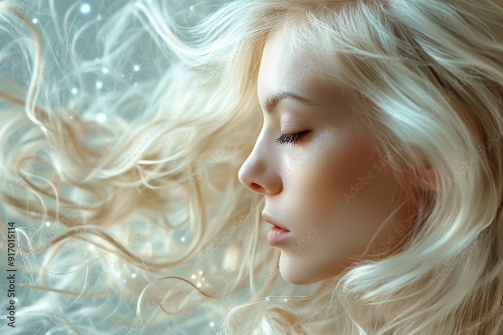 Captivating portrait of a fair-haired woman amidst flowing hair, creating a mesmerizing ethereal atmosphere with soft lighting and delicate details Captivating portrait of a fair-haired woman amidst flowing hair, creating a mesmerizing ethereal atmosphere with soft lighting and delicate details