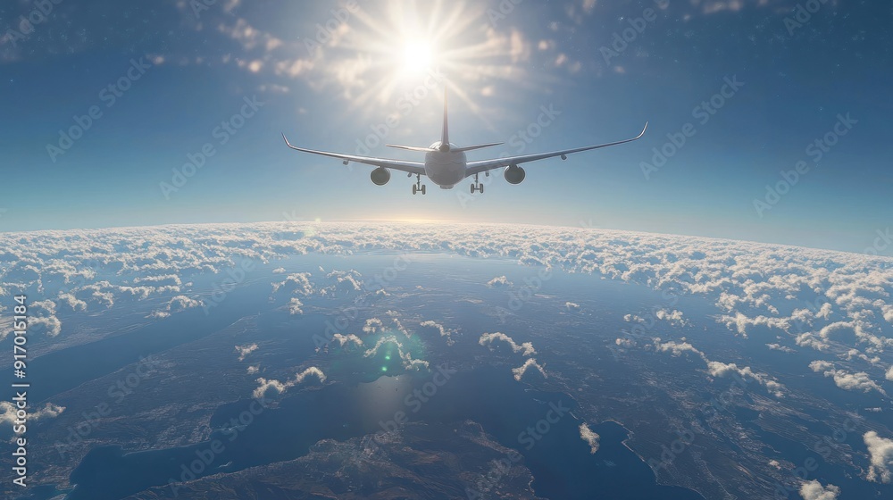 Fototapeta premium Airplane Flying Above Clouds with Sun in the Background