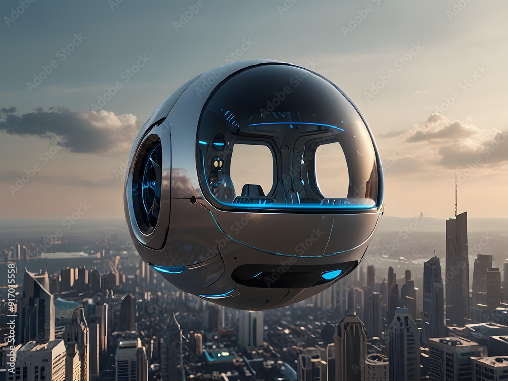 Futuristic Mini Robot in a Flying Pod Over City Skyline Futuristic Mini Robot in a Flying Pod Over City Skyline