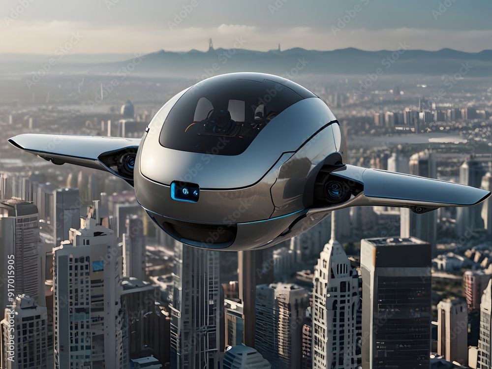 Futuristic Mini Robot in a Flying Pod Over City Skyline Futuristic Mini Robot in a Flying Pod Over City Skyline