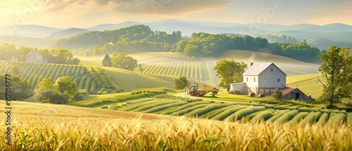 A peaceful farm during harvest, with farmers methodically setting up equipment amidst piles of freshly harvested crops