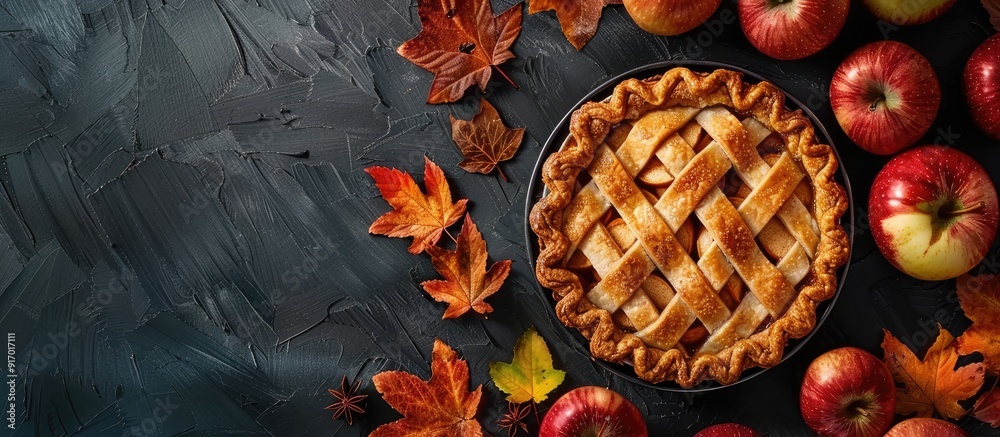 Top view of a homemade autumn apple pie a traditional dessert for Thanksgiving with copy space image Top view of a homemade autumn apple pie a traditional dessert for Thanksgiving with copy space image