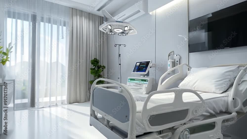 A modern hospital room with medical equipment and a hospital bed on a pristine white background. A modern hospital room with medical equipment and a hospital bed on a pristine white background.