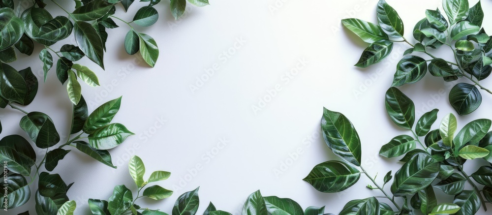 A theme featuring fresh green leaves against crisp white walls with empty space for images. Copy space image. Place for adding text and design A theme featuring fresh green leaves against crisp white walls with empty space for images. Copy space image. Place for adding text and design