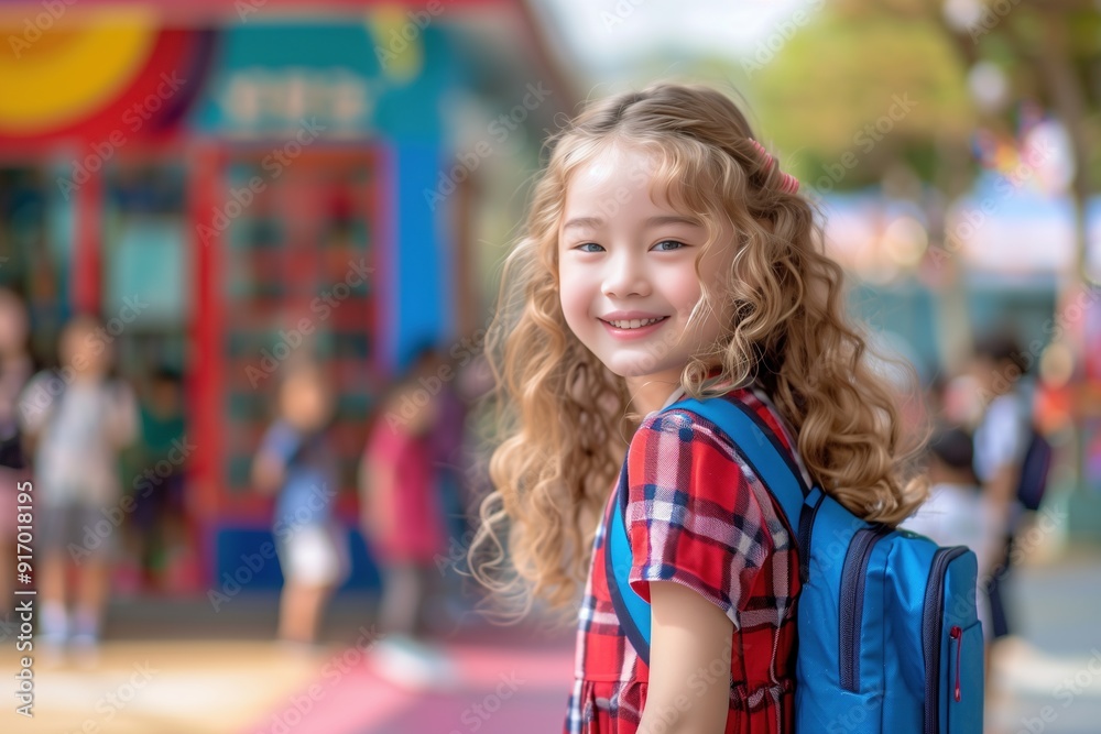 Happy young girl with a backpack smiling and looking over her shoulder. Happy young girl with a backpack smiling and looking over her shoulder.
