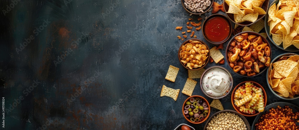 Top view assortment of party snacks for watching the Super Bowl on a dark background Includes copy space image Top view assortment of party snacks for watching the Super Bowl on a dark background Includes copy space image