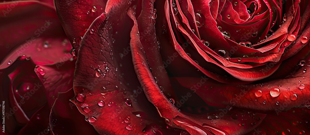 A close up shot of a red rose captured with a macro lens showing intricate details with copy space image included