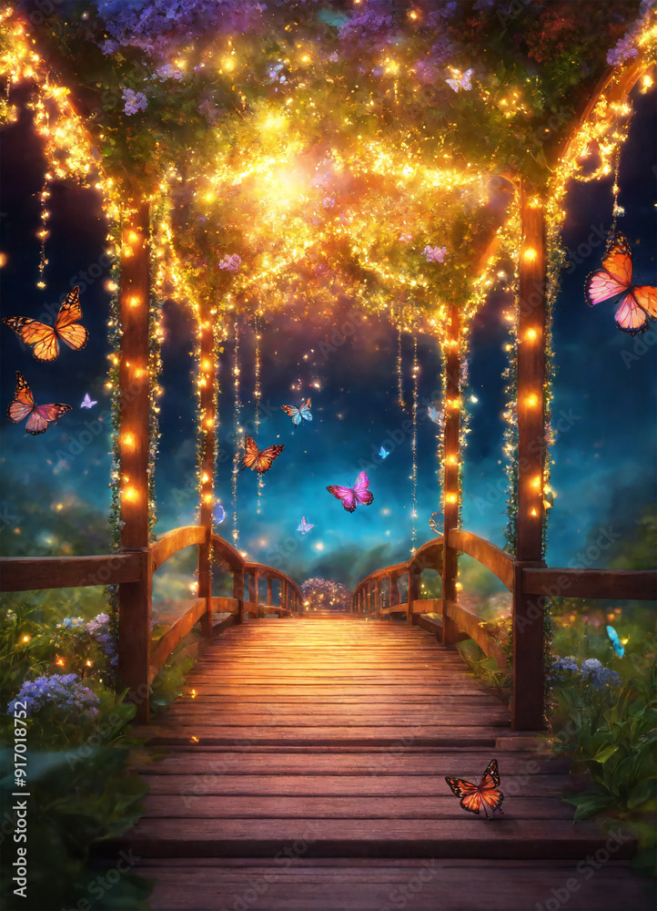 Magical bridge with lights and butterflies - AI generated