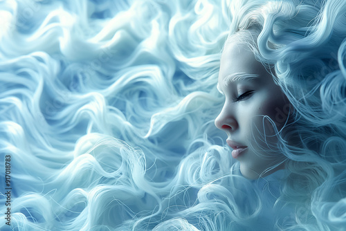 Serene portrait showcases a woman with cascading blue hair, embodying tranquility and dreaminess through soft, flowing waves that captivate the senses