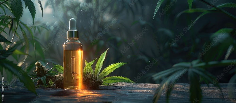 Glass bottle containing CBD oil and hemp leaves on a black wood backdrop Features organic hemp beauty items Represents medical cannabis theme Still life with a soothing backdrop and copy space image Glass bottle containing CBD oil and hemp leaves on a black wood backdrop Features organic hemp beauty items Represents medical cannabis theme Still life with a soothing backdrop and copy space image