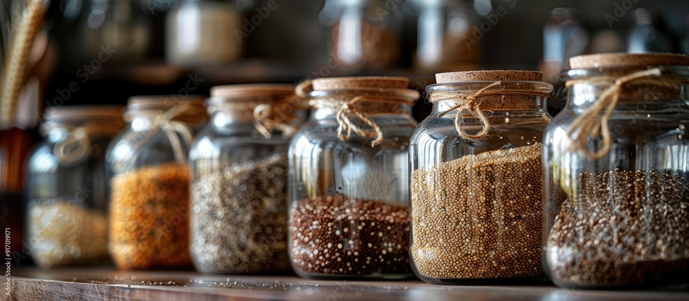 Glass jars with lids in a kitchen pantry containing grains like quinoa flax and hemp seeds for cooking displayed in a copy space image Glass jars with lids in a kitchen pantry containing grains like quinoa flax and hemp seeds for cooking displayed in a copy space image