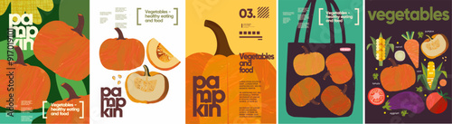 Pumpkin, food and vegetables. Vector modern abstract illustration of pumpkins isolated on white background, in bag and pattern for background, poster, flyer or brochure cover