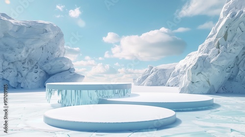 Winter-Themed Ice Podium on a Snowy Surface with Rocky Ice Formations Under a Bright Blue Sky