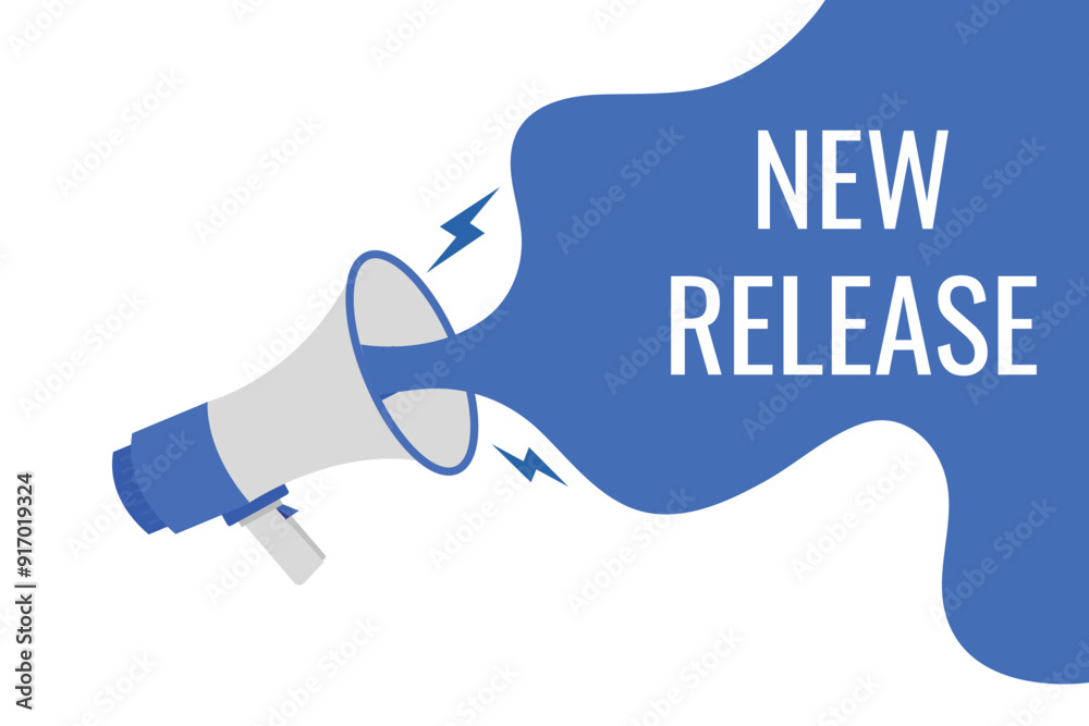 new release button, banner, label, template for website. new release text with colorful megaphone icon
