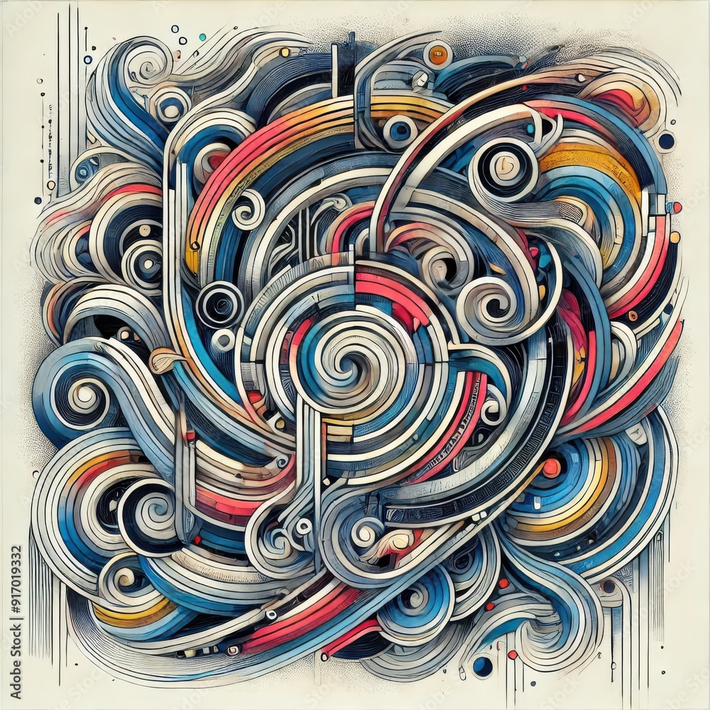 Abstract pattern with swirling shapes and hidden words featuring vibrant colors and complex design