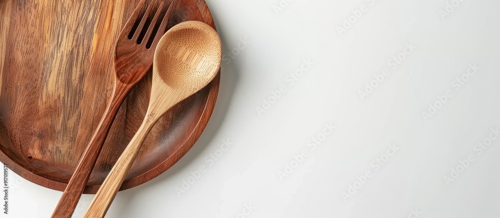 This image features a wooden spoon fork and plate on a white backdrop ideal for food related content and menus with ample copy space