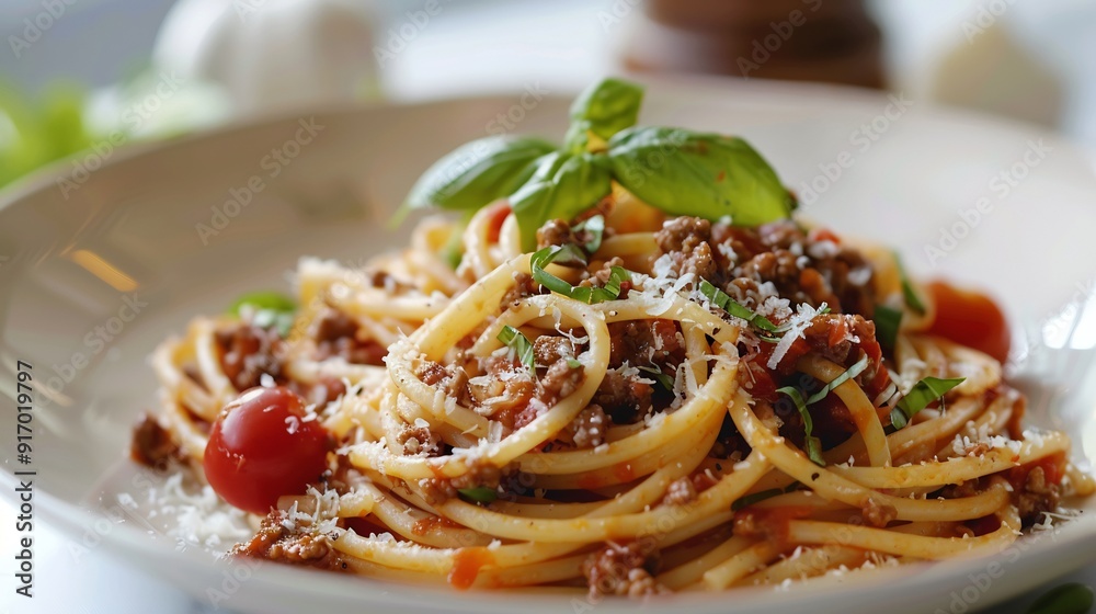Close-up of Spaghetti with Meat Sauce, Basil, and Parmesan Cheese Close-up of Spaghetti with Meat Sauce, Basil, and Parmesan Cheese