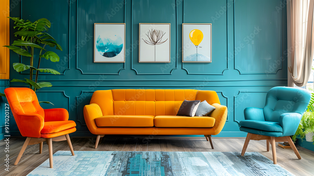 Lounge chairs and sofa against teal classic paneling wall with art posters Midcentury style home interior design of modern living Lounge chairs and sofa against teal classic paneling wall with art posters Midcentury style home interior design of modern living