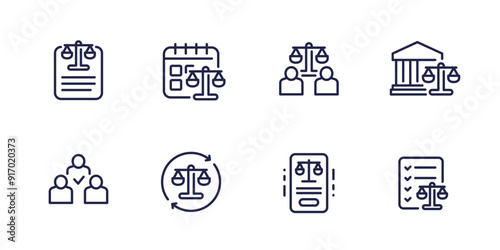 legal and law line icons on white, vector set