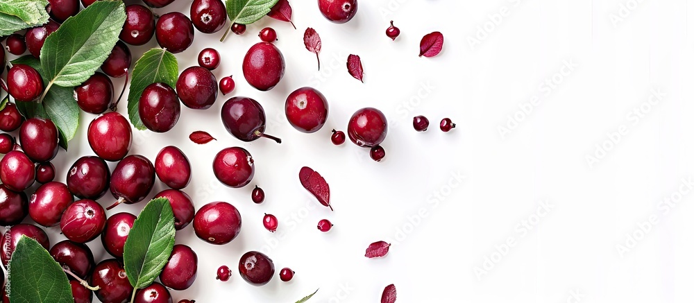 Cranberries with leaves falling against a white backdrop with copy space image Cranberries with leaves falling against a white backdrop with copy space image