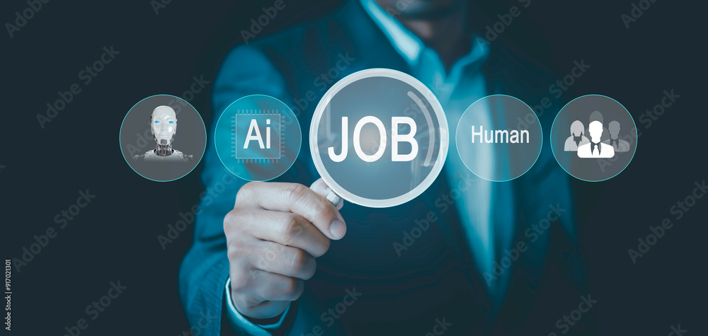 AI vs human competition, Human and AI robot working together, Job Search Recruitment, Jobless people, Global unemployment, employment and recruitment concept, futuristic technology transformation AI vs human competition, Human and AI robot working together, Job Search Recruitment, Jobless people, Global unemployment, employment and recruitment concept, futuristic technology transformation