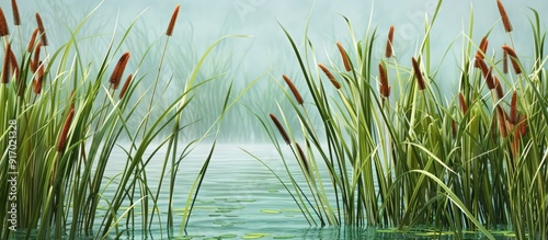 Wetland plants like cattails and reeds provide texture and interest to the landscape Both plants create a lush backdrop and enhance the overall natural ambiance with copy space image photo