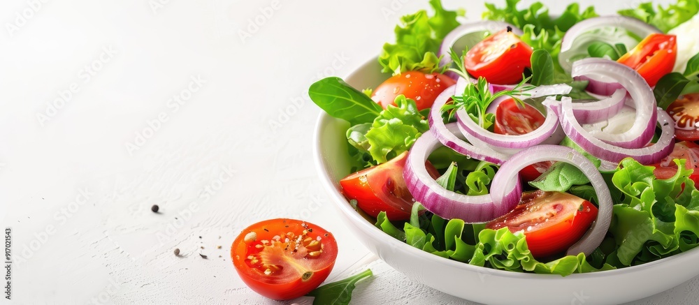 View a refreshing salad with onion and tomato in a copy space image View a refreshing salad with onion and tomato in a copy space image
