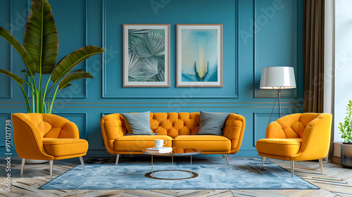 Lounge chairs and sofa against teal classic paneling wall with art posters Midcentury style home interior design of modern living