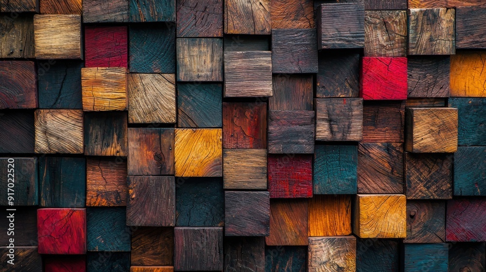 A textured arrangement of colorful wooden blocks creating a visually appealing pattern. A textured arrangement of colorful wooden blocks creating a visually appealing pattern.