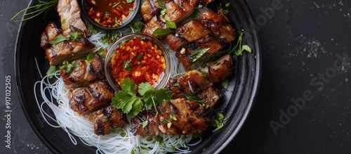A popular Vietnamese dish called bun cha featuring grilled pork and rice noodles garnished with herbs and accompanied by a dipping sauce displayed in a copy space image