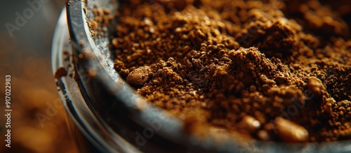 A detailed close up of coffee grounds in a moka pot with a blank space for adding text or images in the background. . image with copy space photo