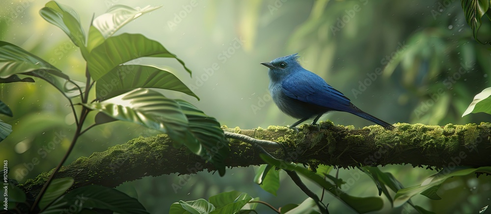 Fototapeta premium A Black naped Monarch perched on a tree branch in its natural habitat with plenty of copy space image