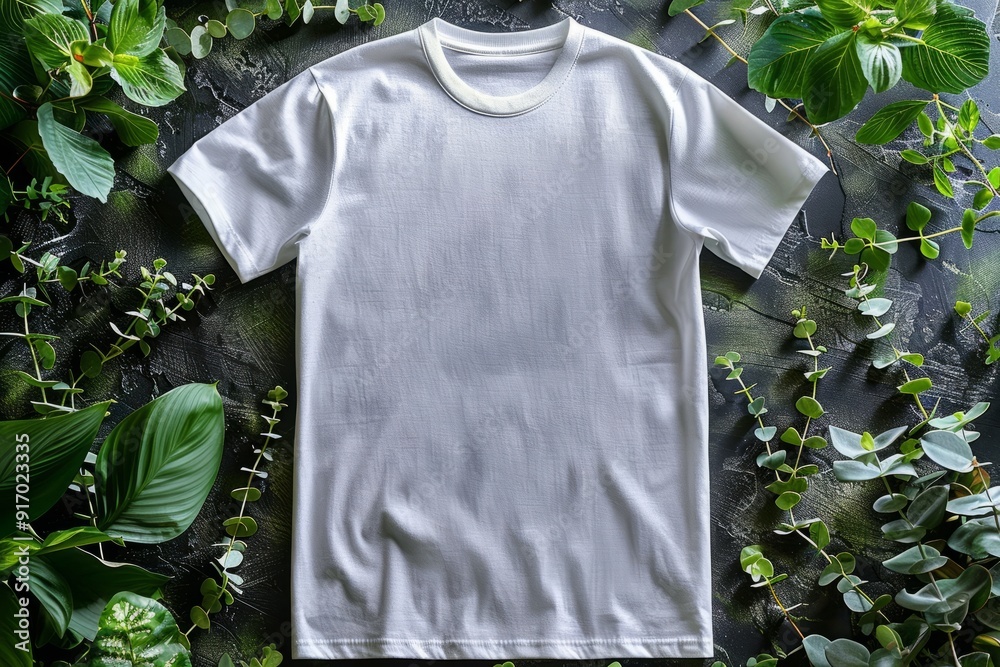 Mockup of a white t-shirt on a textured surface with green tropical leaves Mockup of a white t-shirt on a textured surface with green tropical leaves