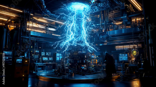 Villain's futuristic technology laboratory running an experiment with blue neon lightning power energy, advanced computers control equipment