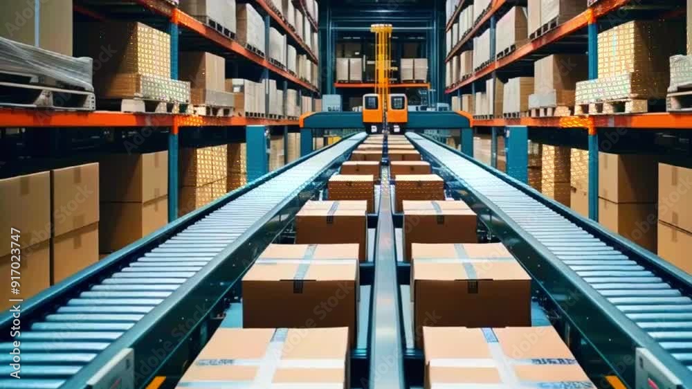 Cardboard boxes moving on a conveyor belt in a warehouse. Cardboard boxes moving on a conveyor belt in a warehouse.