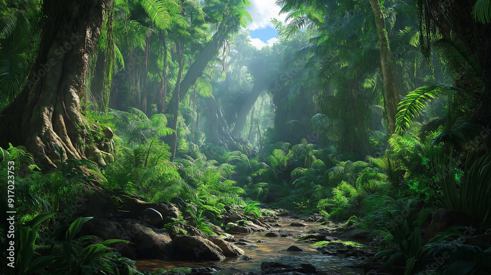 Lush rainforest with a stream flowing through it. Lush rainforest with a stream flowing through it.