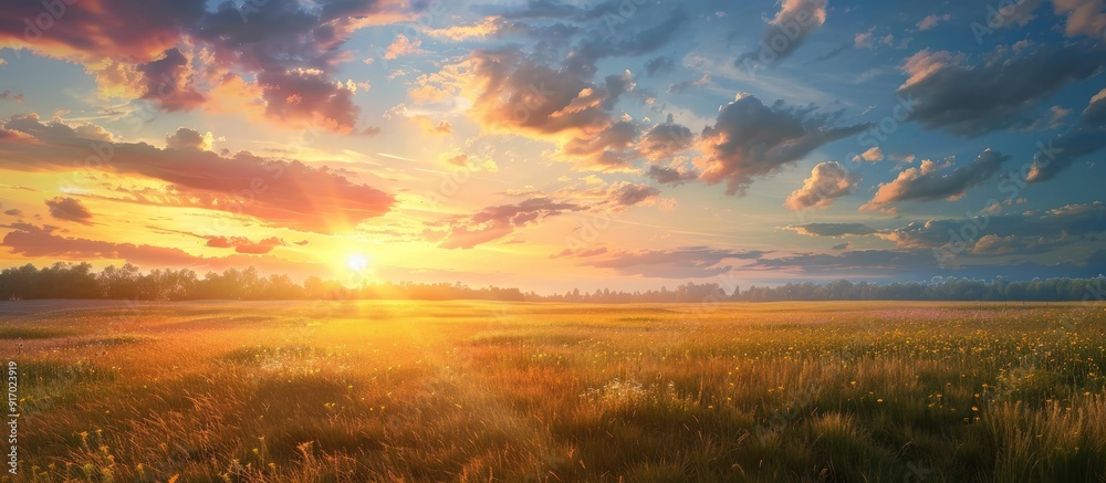 Fototapeta premium Sunset over rural landscape with beautiful colors and a vast copy space image