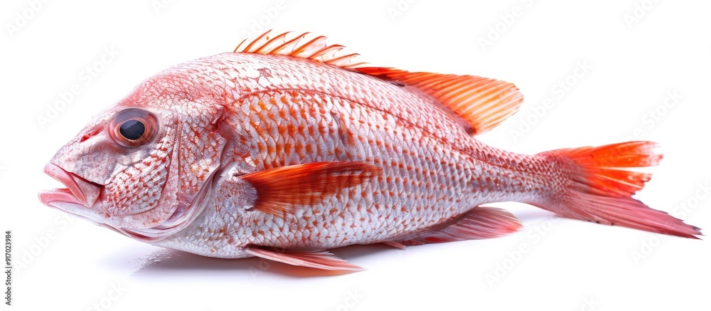 Isolated on a white backdrop a fresh raw rohu fish piece stands accompanied by a blank space image in the background. . image with copy space Isolated on a white backdrop a fresh raw rohu fish piece stands accompanied by a blank space image in the background. . image with copy space