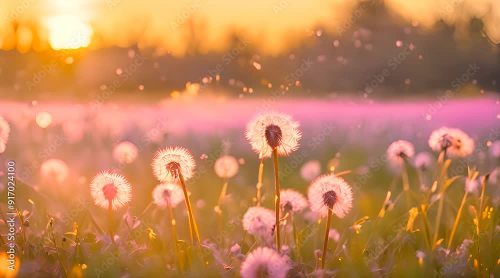 A dandelion field in a beautiful, colorful sunset with golden light streaming through fluffy seeds, casting long shadows