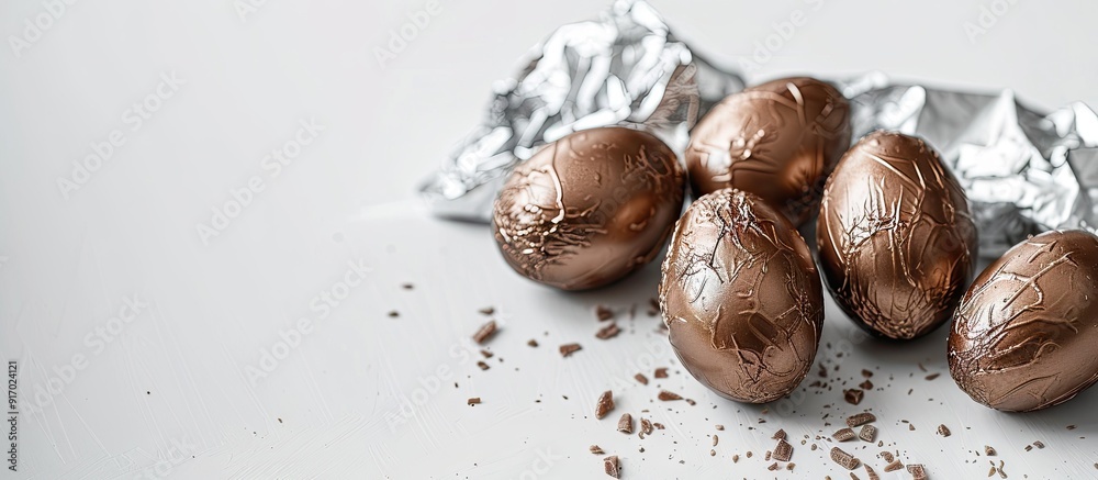 Obraz premium Chocolate eggs in foil showcased against a white backdrop with room for text or other content within the image known as copy space image