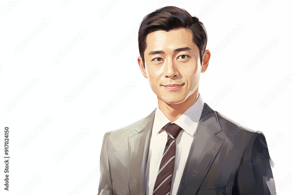 Illustration of smiling asian businessman on a white background. World of work. Asian country. Asian men. Recruitment. Job offer. Image for graphic designer. China. Japan. Illustration of smiling asian businessman on a white background. World of work. Asian country. Asian men. Recruitment. Job offer. Image for graphic designer. China. Japan.