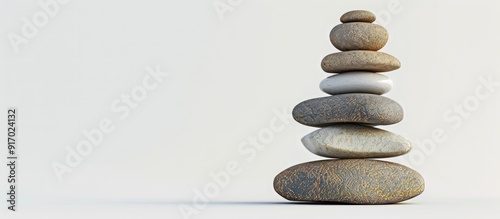River rocks delicately balanced with copy space image on a white background