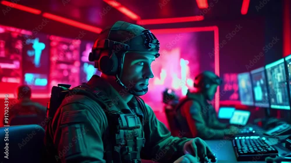 A soldier in a helmet and tactical gear sits at a computer in a dimly lit room with red and blue lights. A soldier in a helmet and tactical gear sits at a computer in a dimly lit room with red and blue lights.