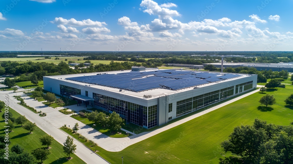 Fototapeta premium Aerial view of a large industrial building with solar panels on roof, blue sky with scattered white clouds, expansive green lawn in foreground, surrounding trees and vegetation.