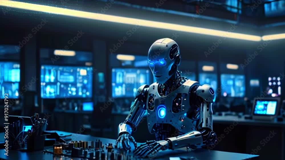 A humanoid robot with glowing blue eyes is working on a control panel in a futuristic lab. A humanoid robot with glowing blue eyes is working on a control panel in a futuristic lab.