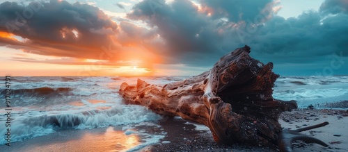 Fototapeta Naklejka Na Ścianę i Meble -  Scenic view of a vibrant sunset by the rugged seaside with a massive piece of driftwood on the beach set against stormy weather on the Baltic Sea Includes copy space image