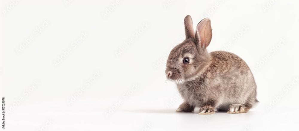 Obraz premium An adorable 8 week old European baby rabbit in brown color gazes to the side in a white background ideal for a copy space image