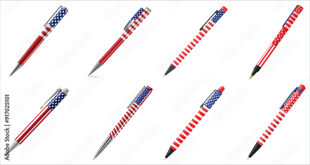 American flag pens, United states of America flag color pen vector, Set of  pen isolated on white background